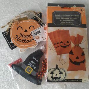 🎃Halloween fabric gift linen 4 bags, 4 wood labels, 8 paper labels+CANDY